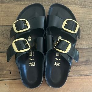 Birkenstock Black Slides with Gold Accents